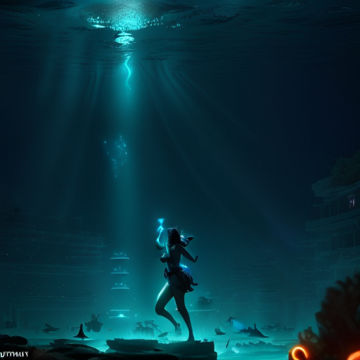 A breathtaking image of celebrations echoing through the bioluminescent underwater city as the marine biologist, surrounded by her aquatic allies, raises a victorious fist, the threat now averted.